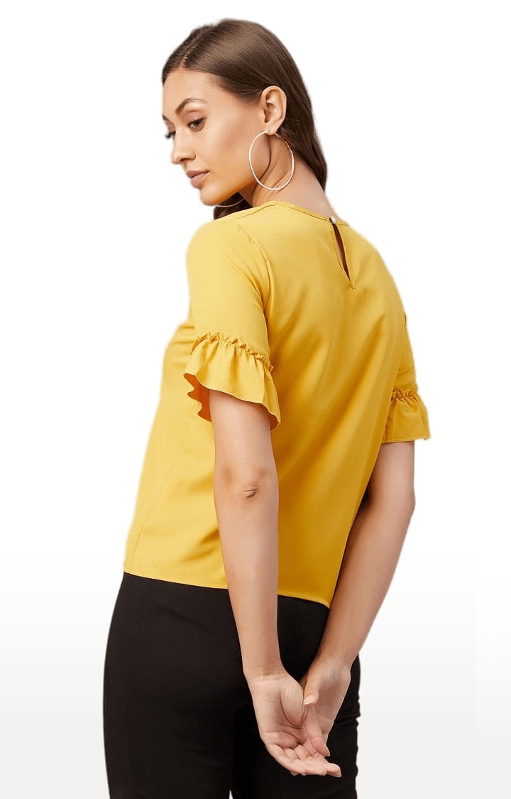 Women's Mustard Polyester  Solid Blouson Top