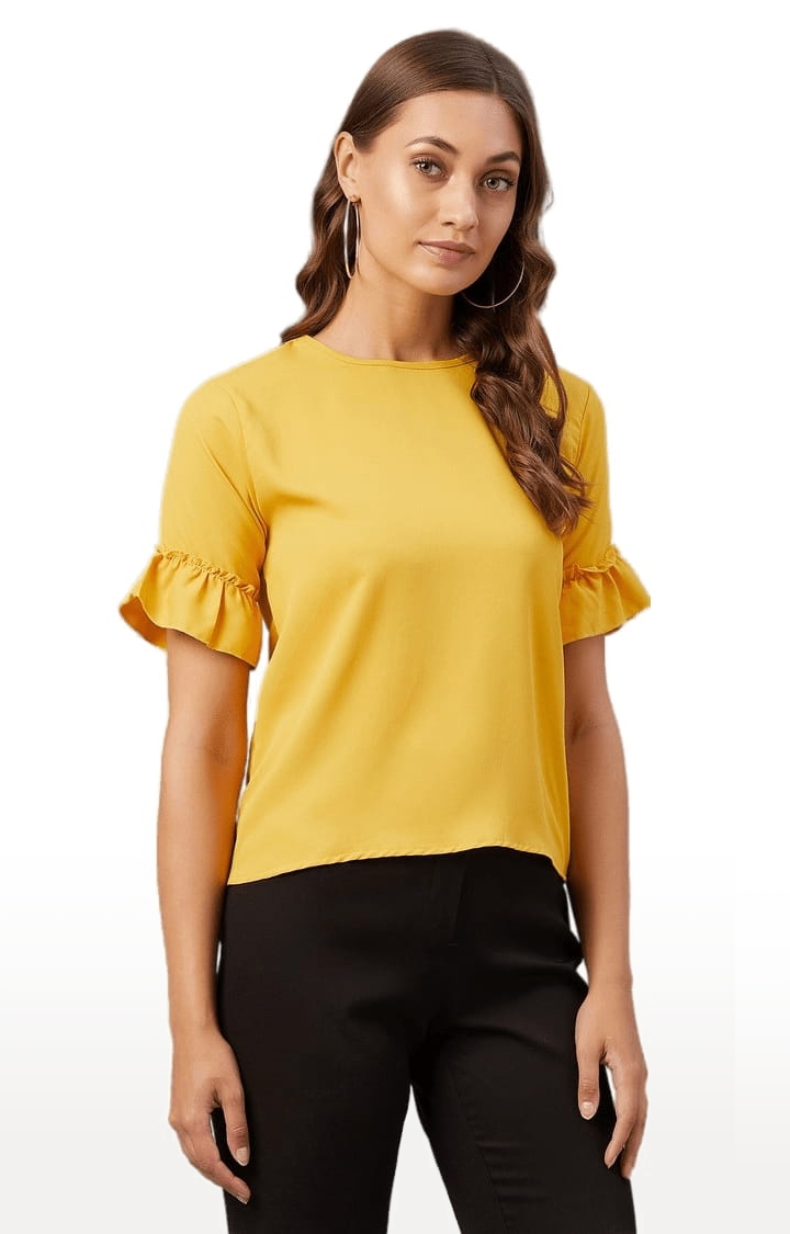 CHIMPAAANZEE | Women's Mustard Polyester  Solid Blouson Top