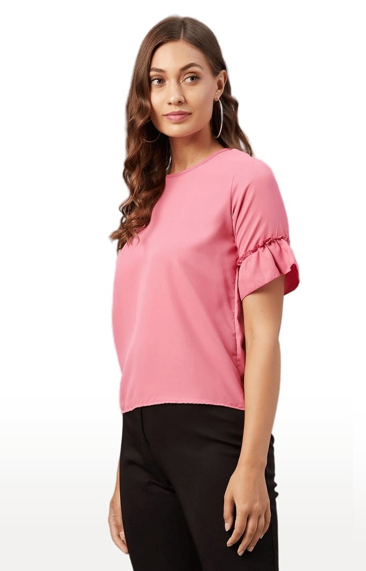 Women's Pink Polyester  Solid Blouson Top