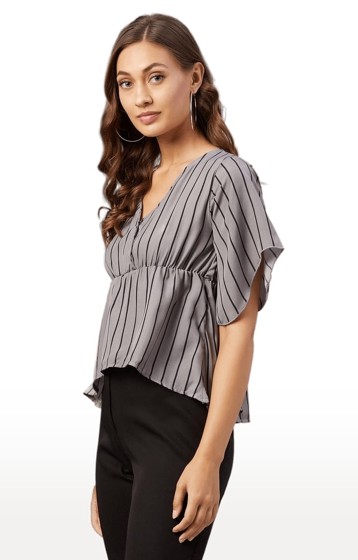 Women's Grey Polyester Striped Peplum Top