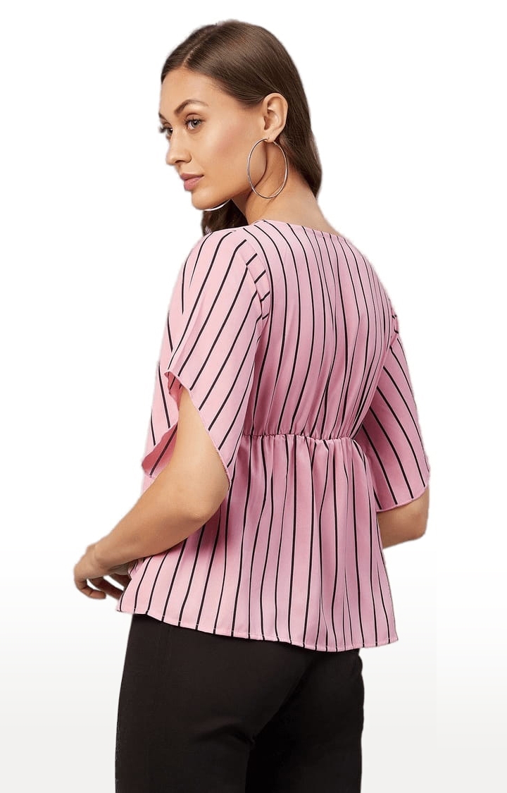 Women's Pink Polyester Striped Peplum Top