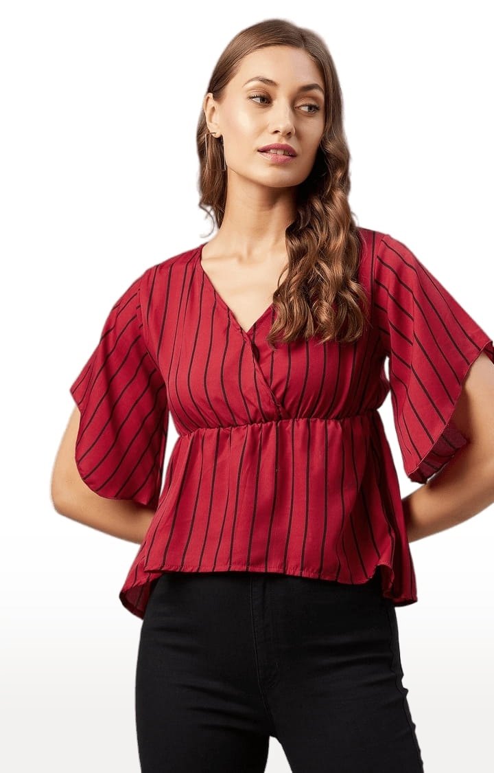 Women's Red Polyester Striped Peplum Top