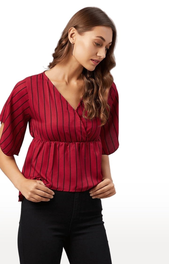 Women's Red Polyester Striped Peplum Top