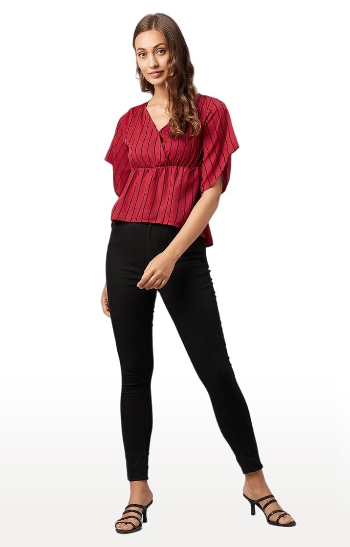 Women's Red Polyester Striped Peplum Top