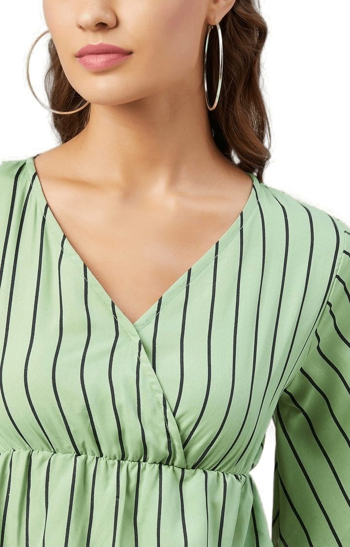 Women's Green Polyester Striped Peplum Top