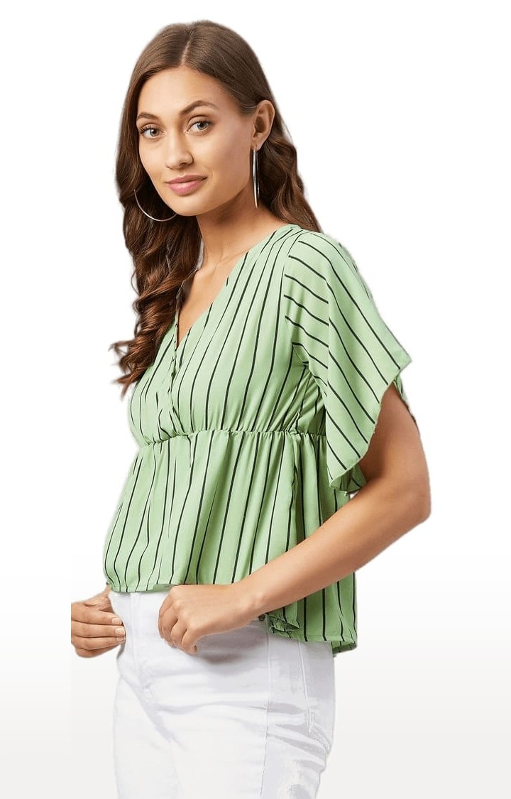 Women's Green Polyester Striped Peplum Top