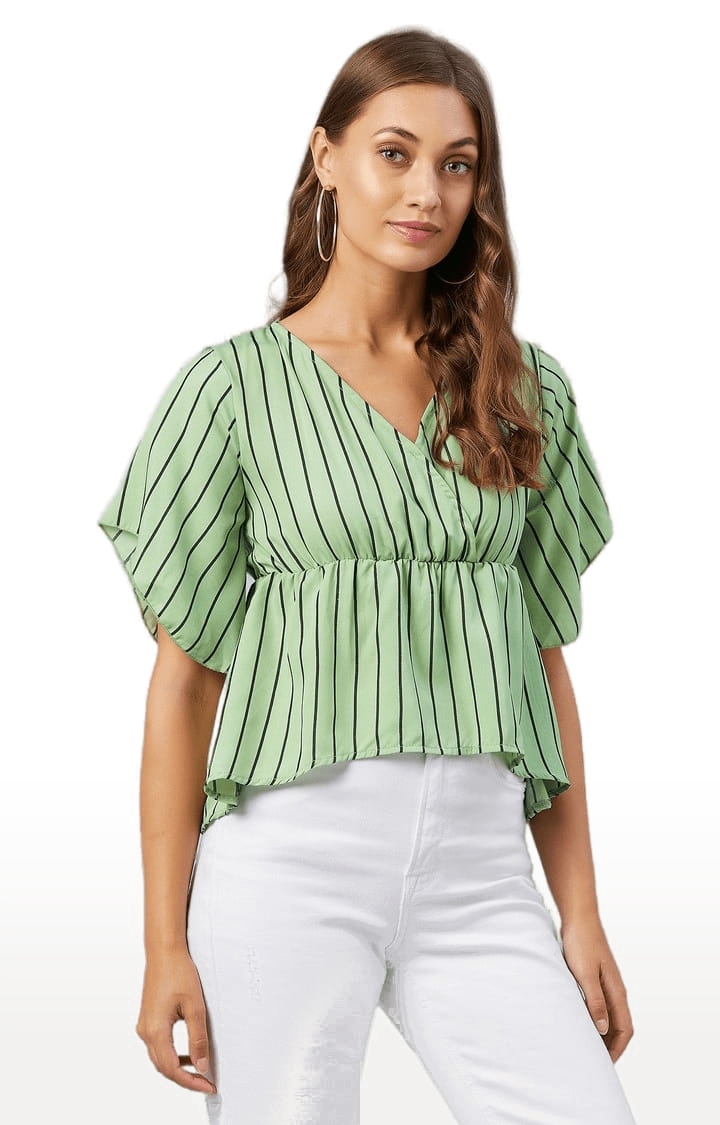 Women's Green Polyester Striped Peplum Top