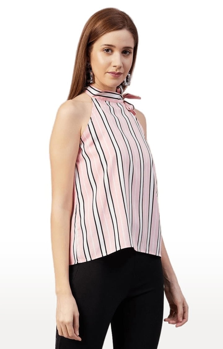 Women's Pink Crepe Striped Blouson Top