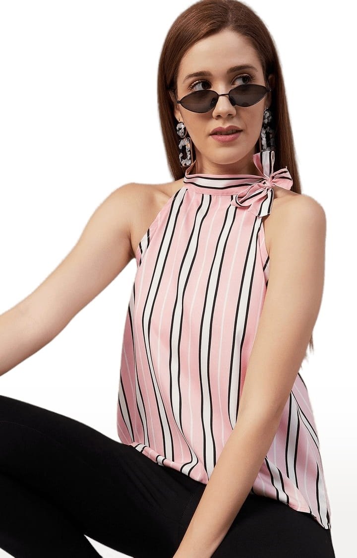 Women's Pink Crepe Striped Blouson Top