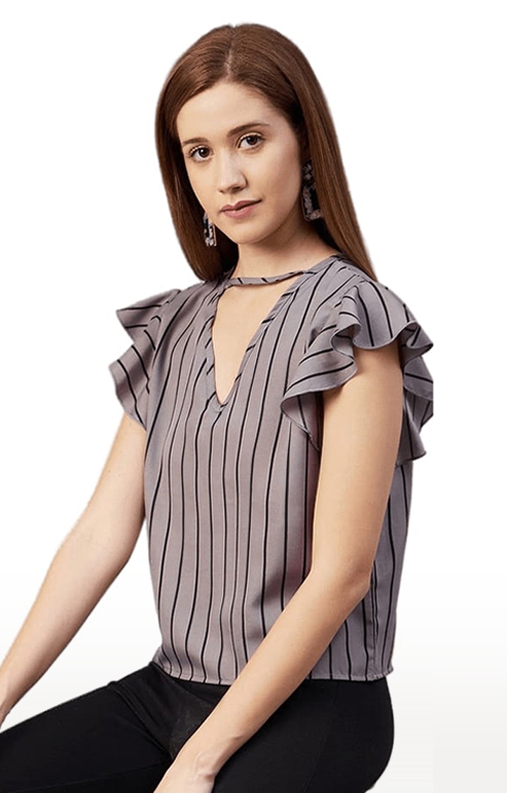 Women's Grey Crepe Striped Blouson Top