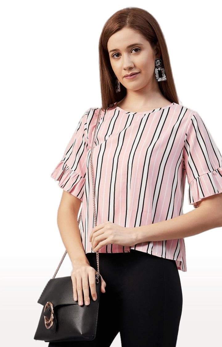 Women's Pink Crepe Striped Blouson Top