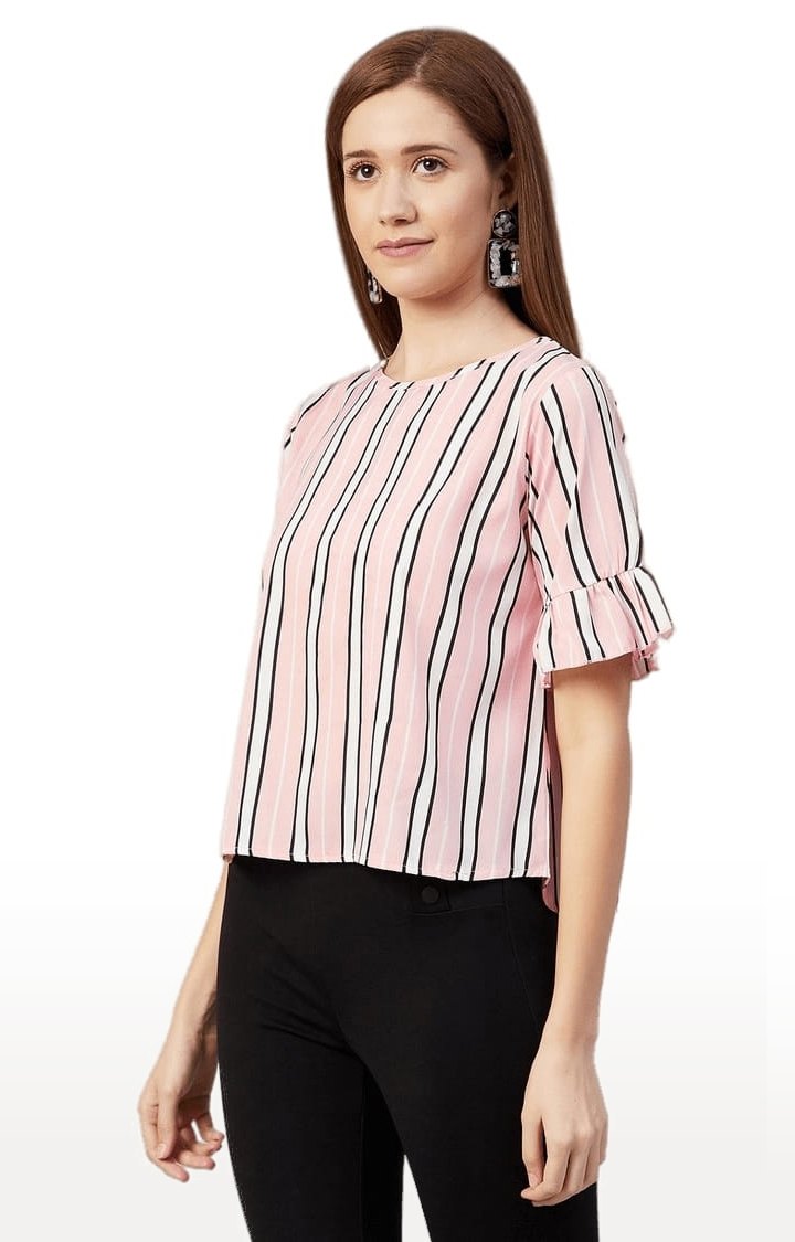 Women's Pink Crepe Striped Blouson Top