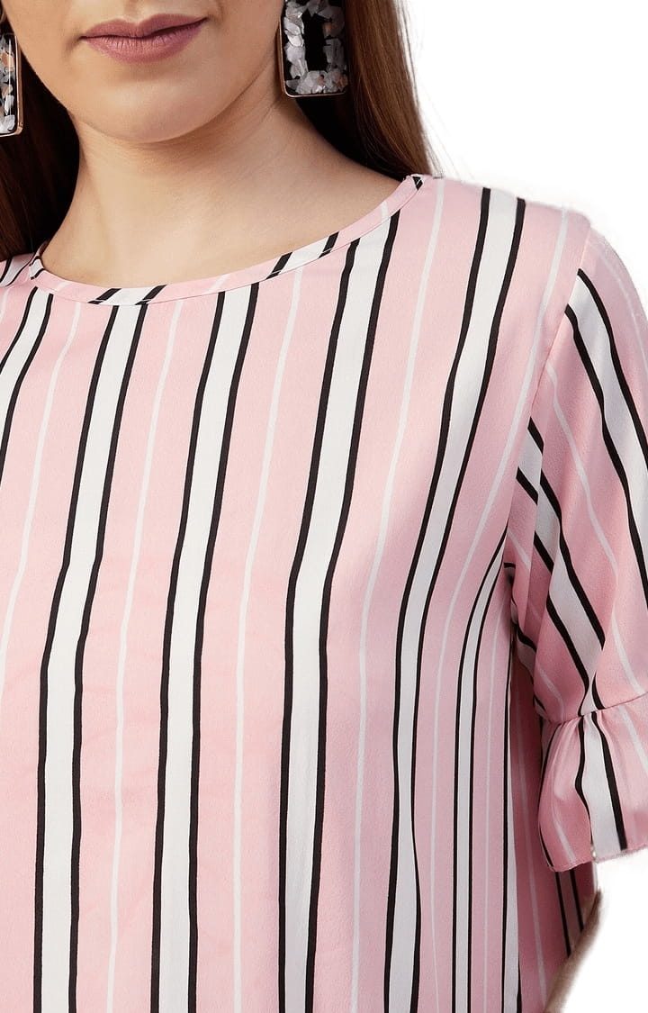 Women's Pink Crepe Striped Blouson Top