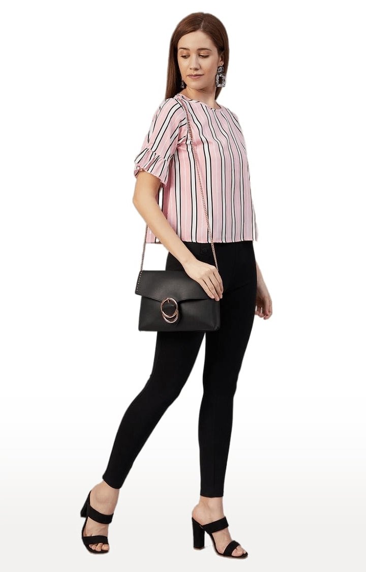 Women's Pink Crepe Striped Blouson Top
