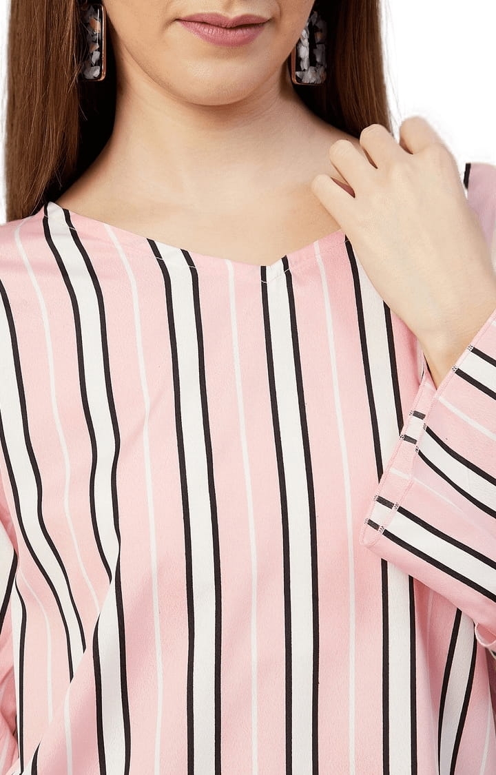 Women's Pink Crepe Striped Blouson Top