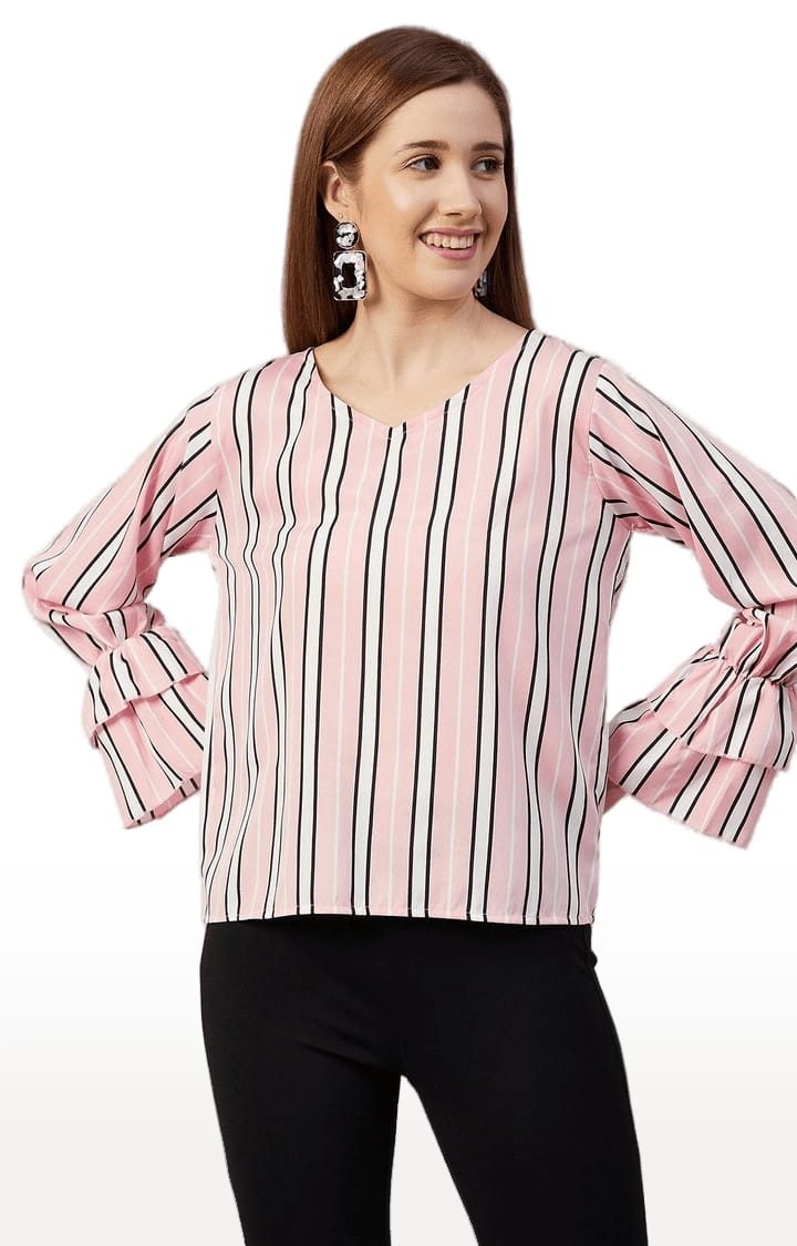 CHIMPAAANZEE | Women's Pink and White Polyester Striped Blouson Top