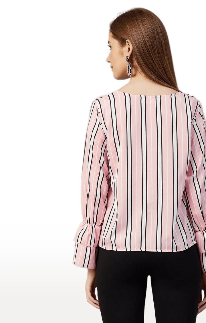 Women's Pink and White Polyester Striped Blouson Top