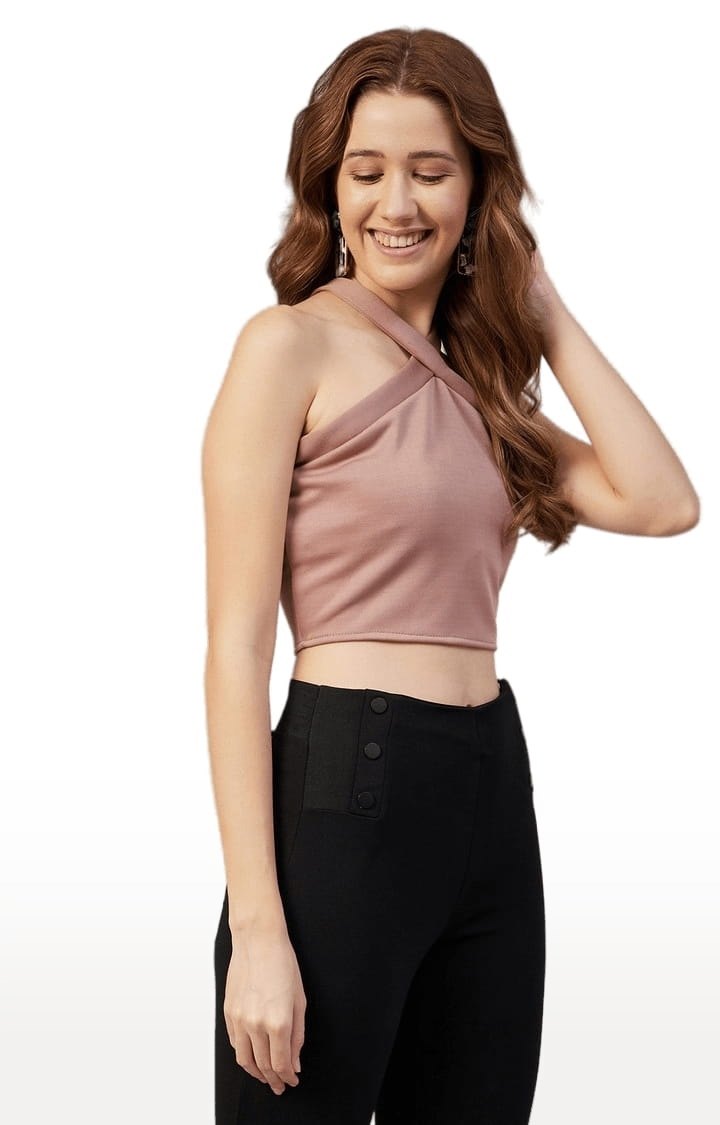 Women's Pink Polyester Solid Crop Top