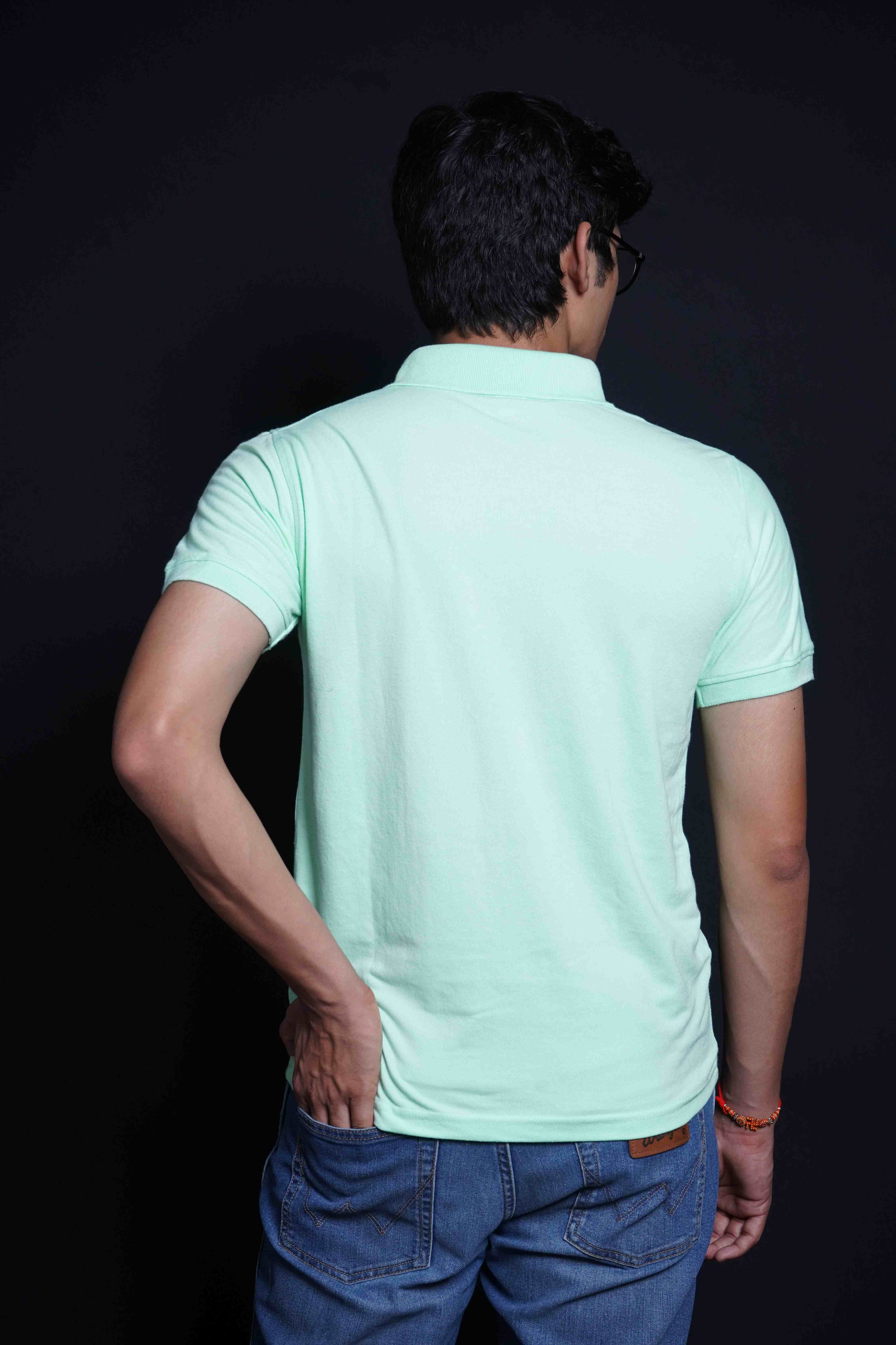 One Denim Light Green Plain Polo Neck Cotton T-Shirt