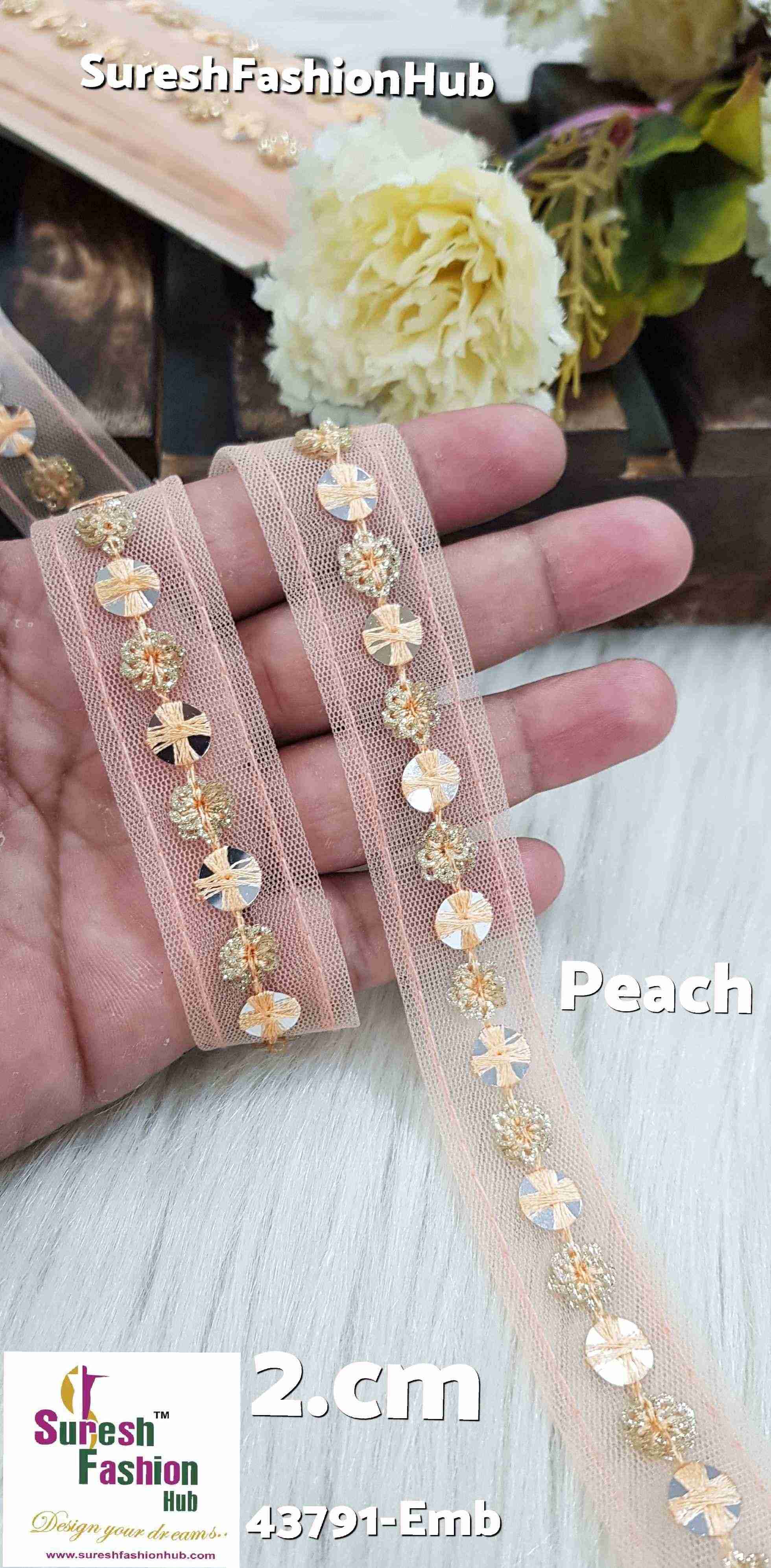 Peach Embellished Floral Lace Trim