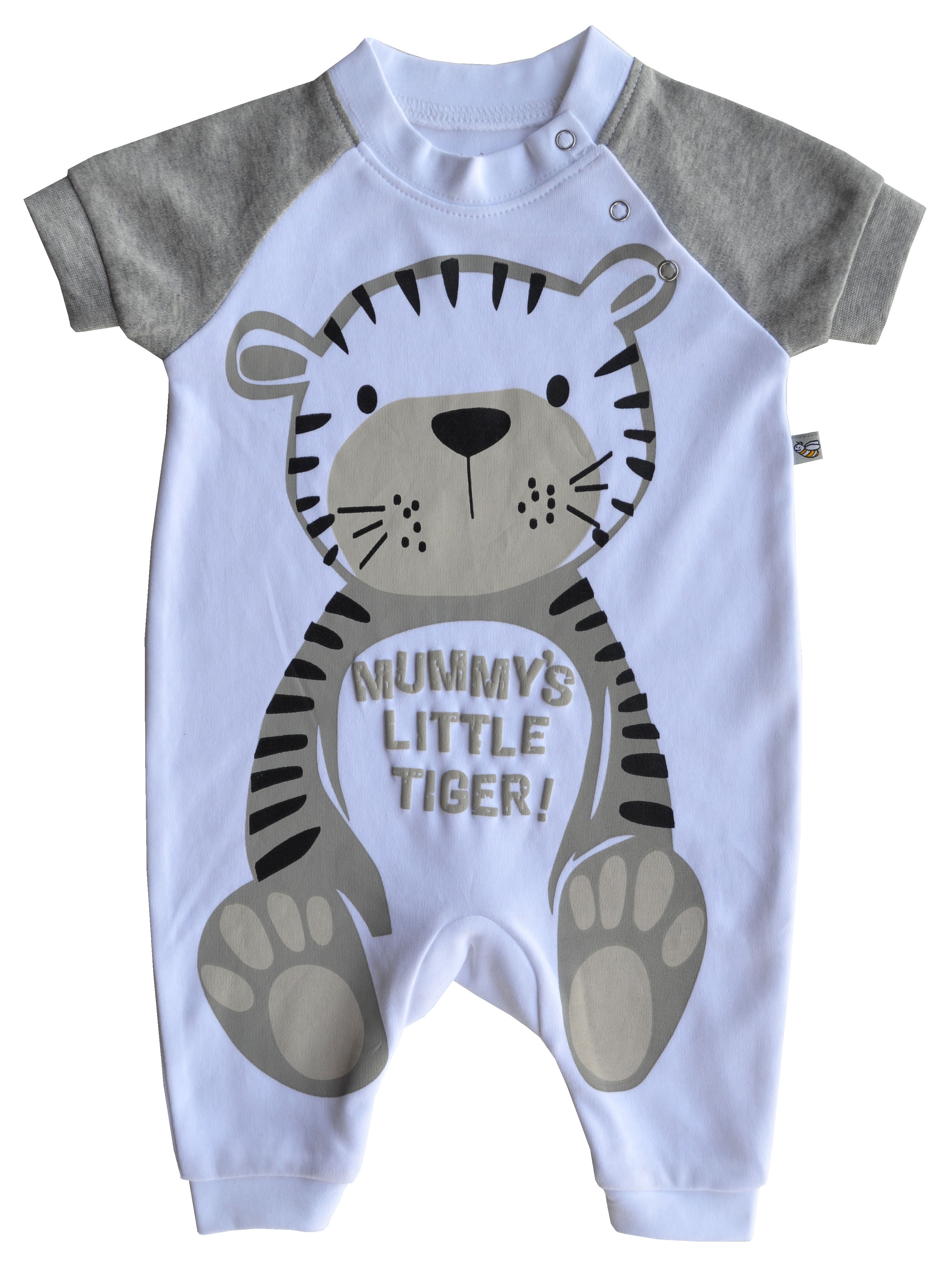 White Romper/Sleeper with Feet & Grey sleeves with Tiger Print