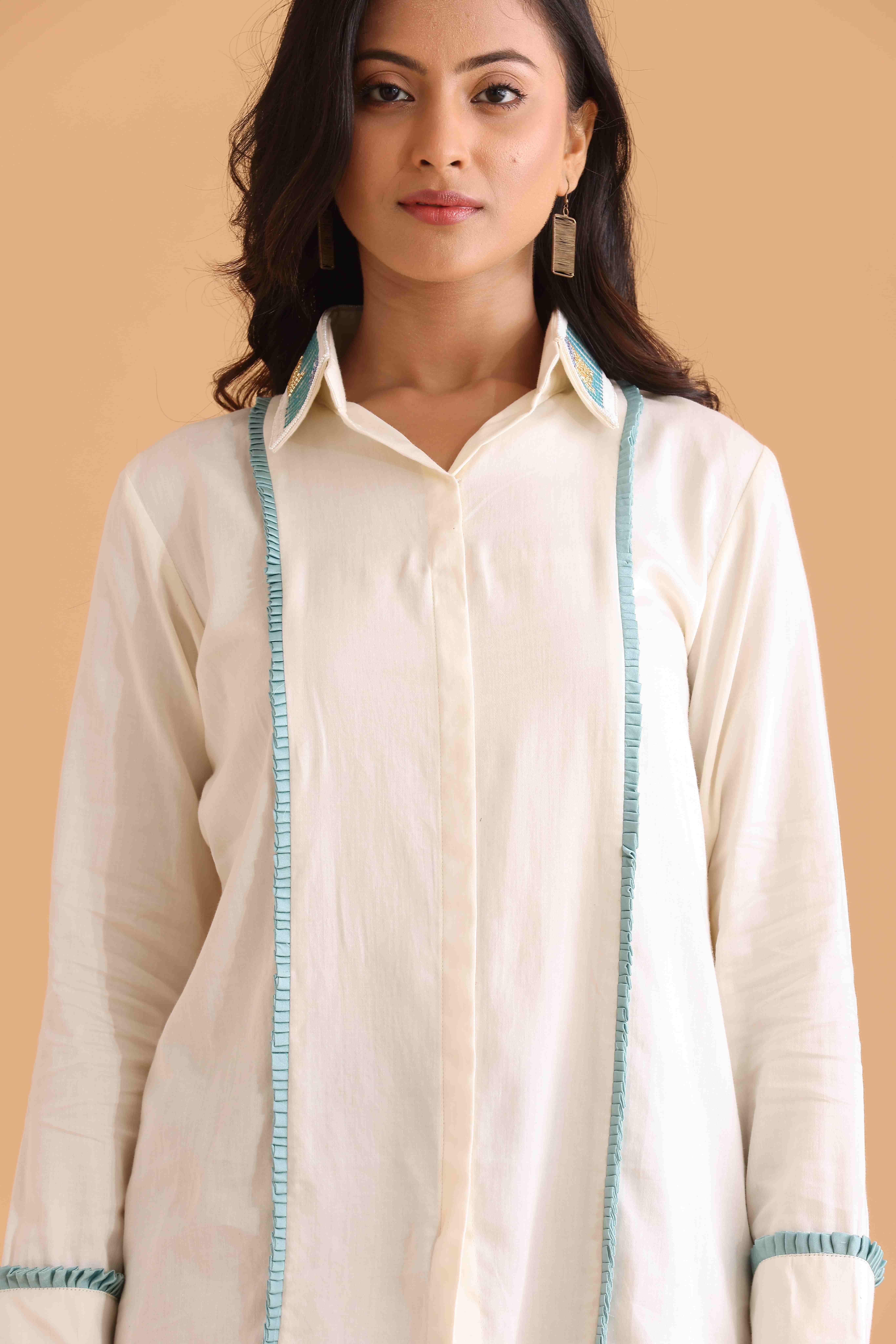 Ivory Full Sleeve shirt with Blue Pleated Detailing