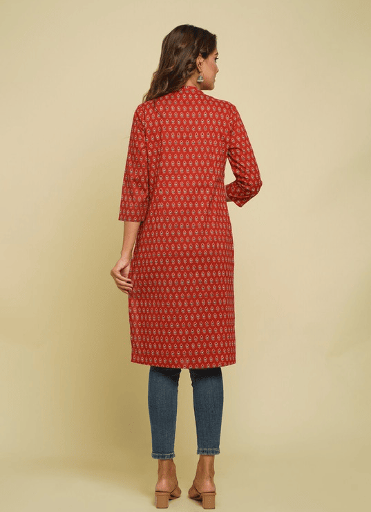 Women Maroon Floral Printed Pure Cotton Kurta