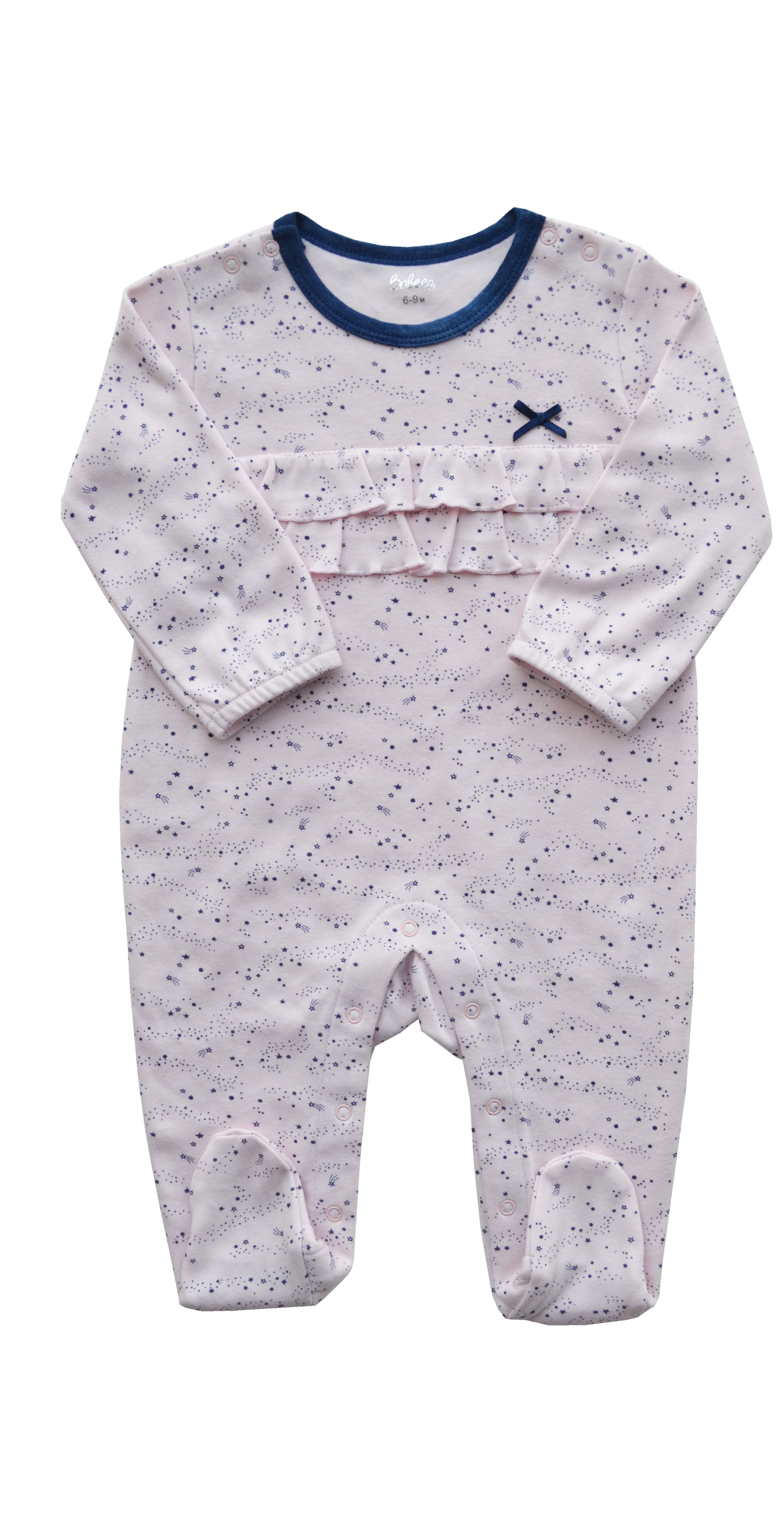 Allover Star Print on Pink Sleeper with Fril and Feet(100% Cotton Interlock)