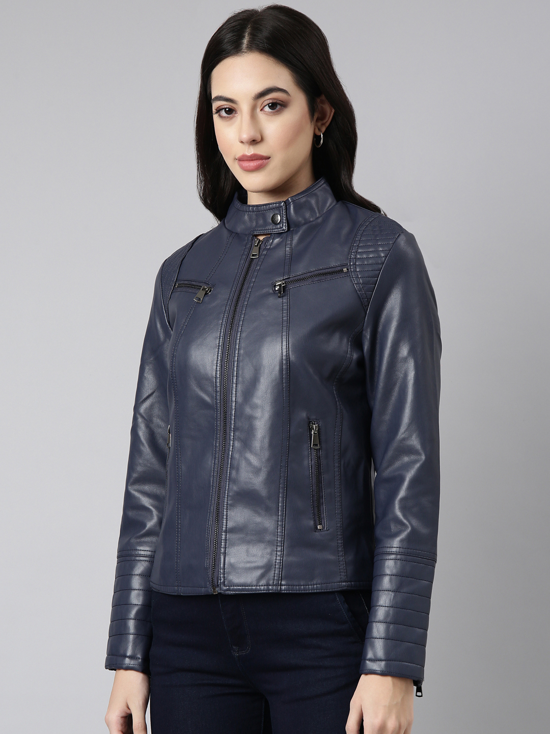 SHOWOFF Women s Solid Navy Blue Biker Jacket