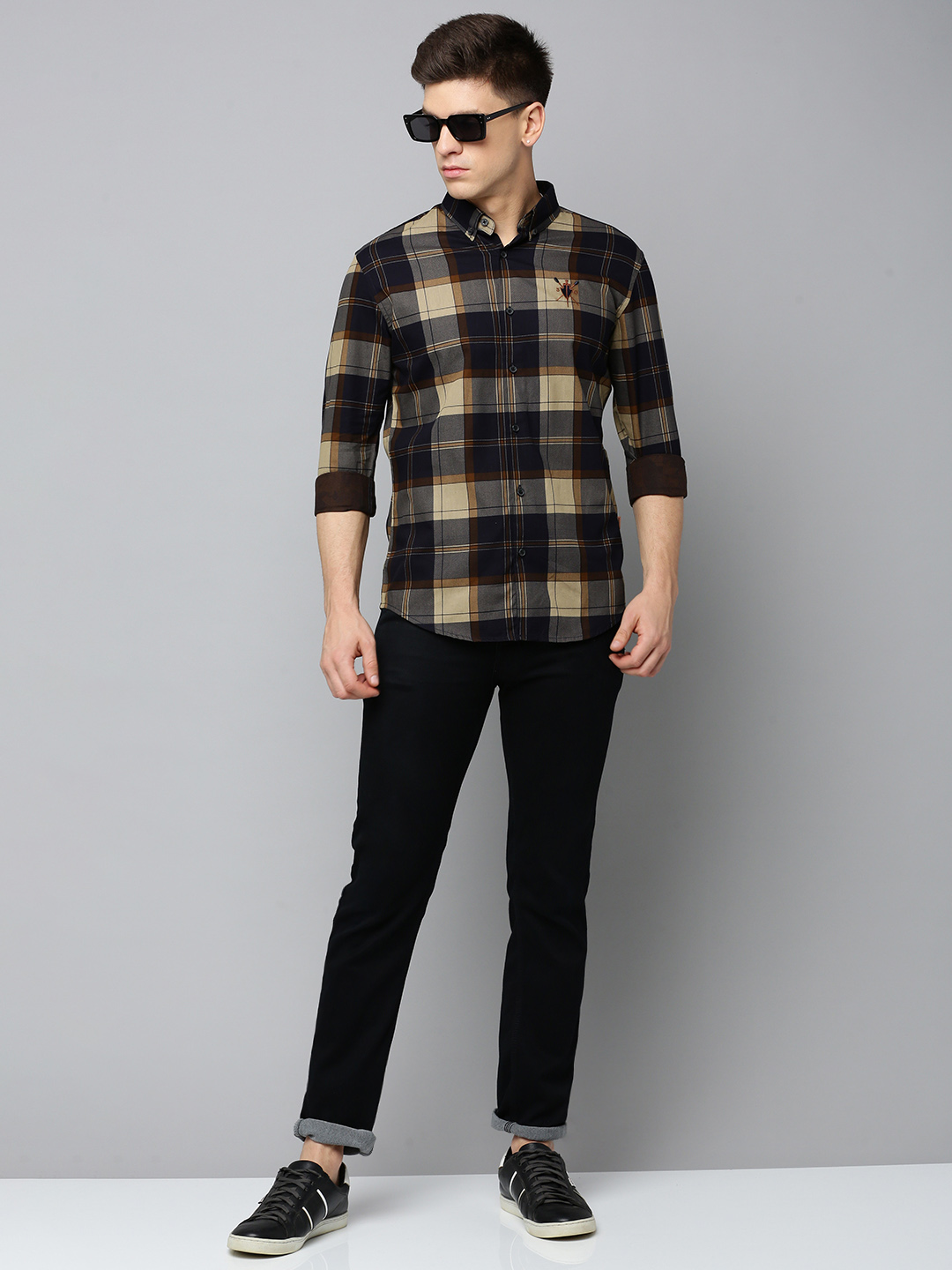 SHOWOFF Men's Spread Collar Checked Navy Blue Regular Fit Shirt