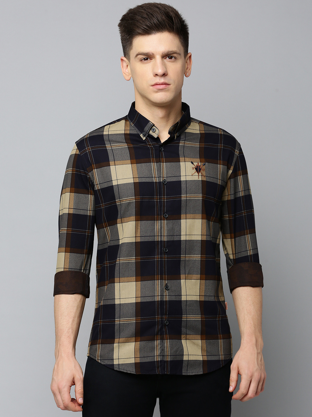 SHOWOFF Men's Spread Collar Checked Navy Blue Regular Fit Shirt