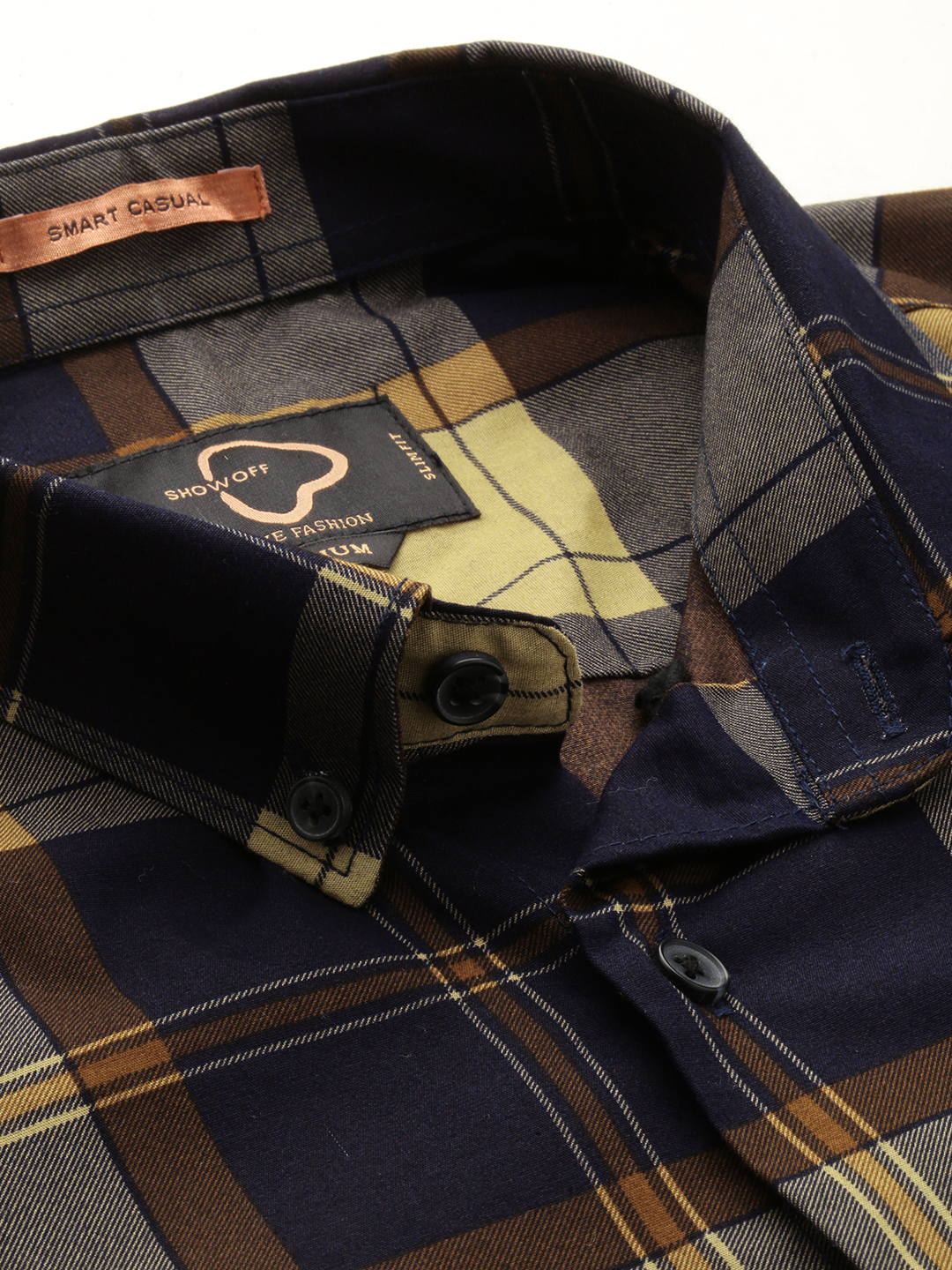 SHOWOFF Men's Spread Collar Checked Navy Blue Regular Fit Shirt