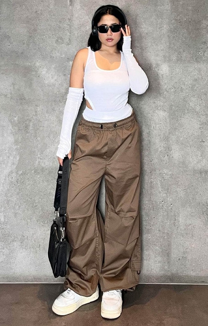 Women's Brown Solid Parachute Pants