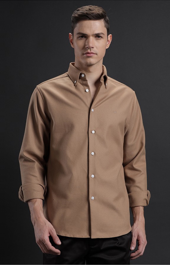 Men's Brown Cotton Solid Casual Shirt
