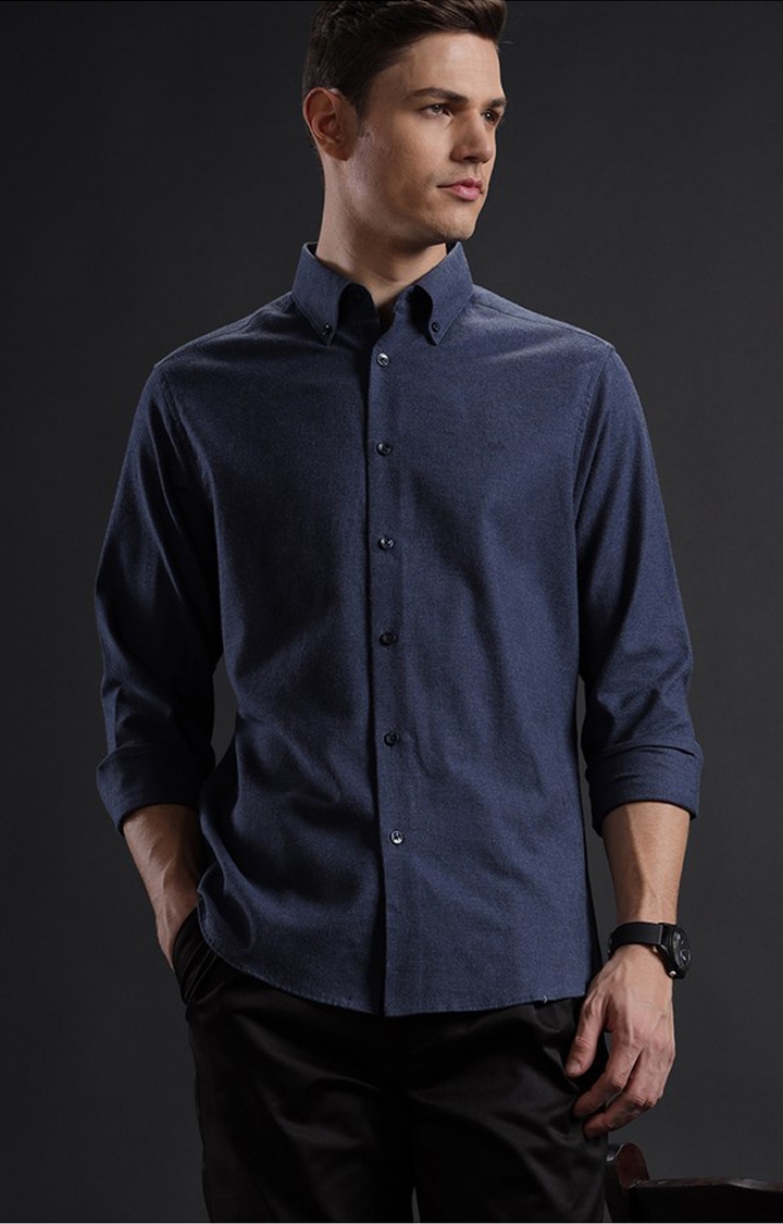 Men's Navy Cotton Melange Casual Shirt