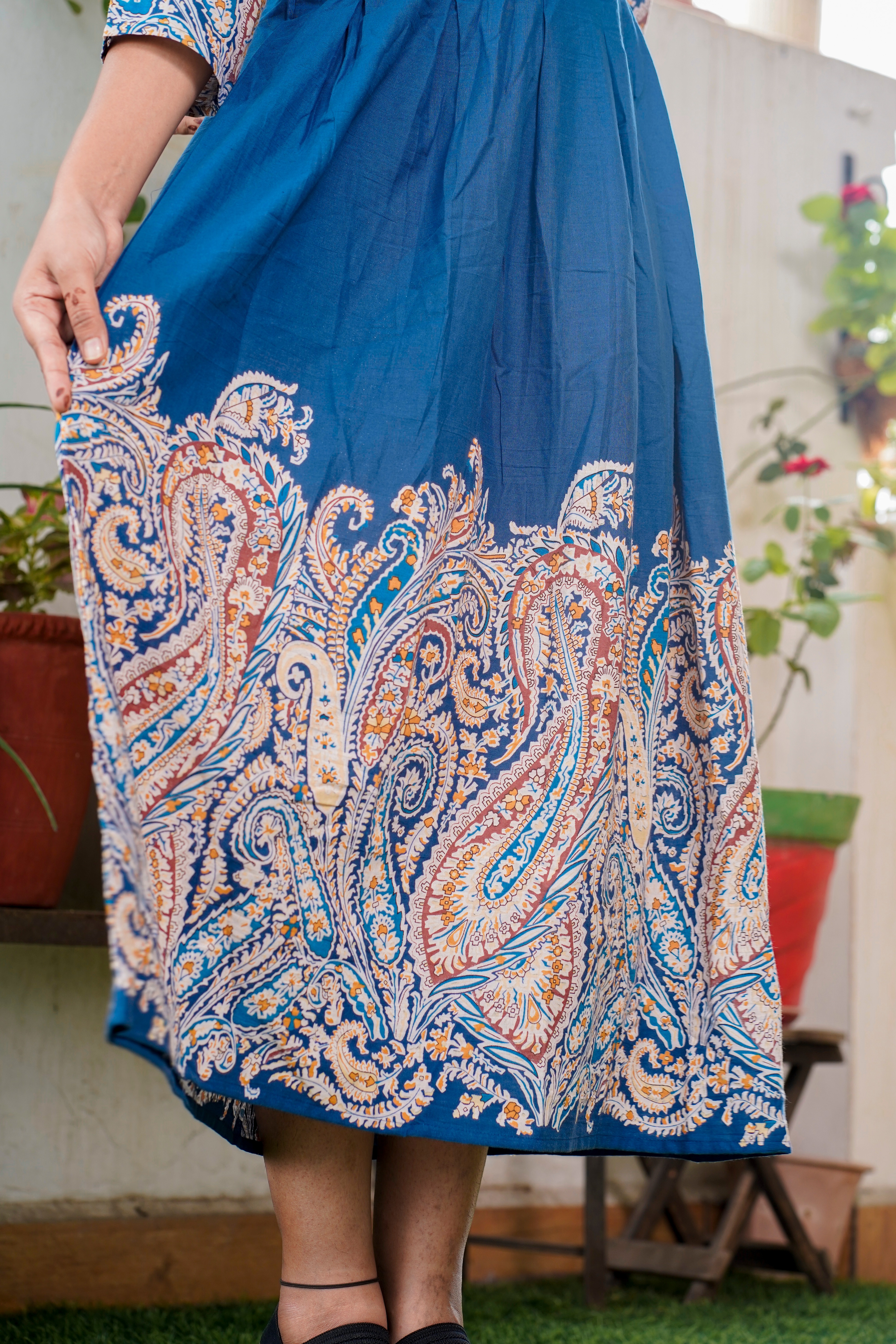 Blue Frock With Katha Print Sleeves