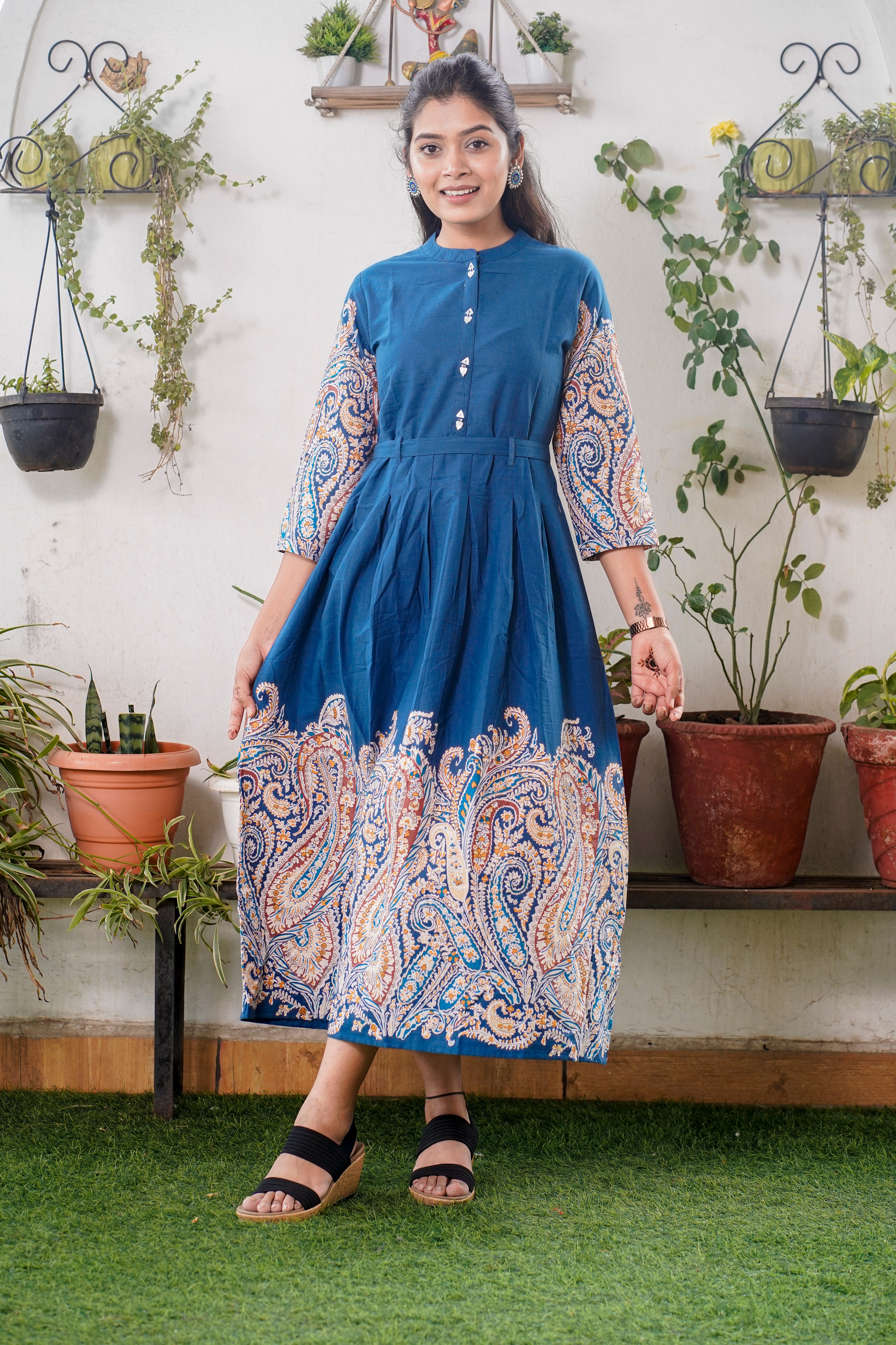 Blue Frock With Katha Print Sleeves