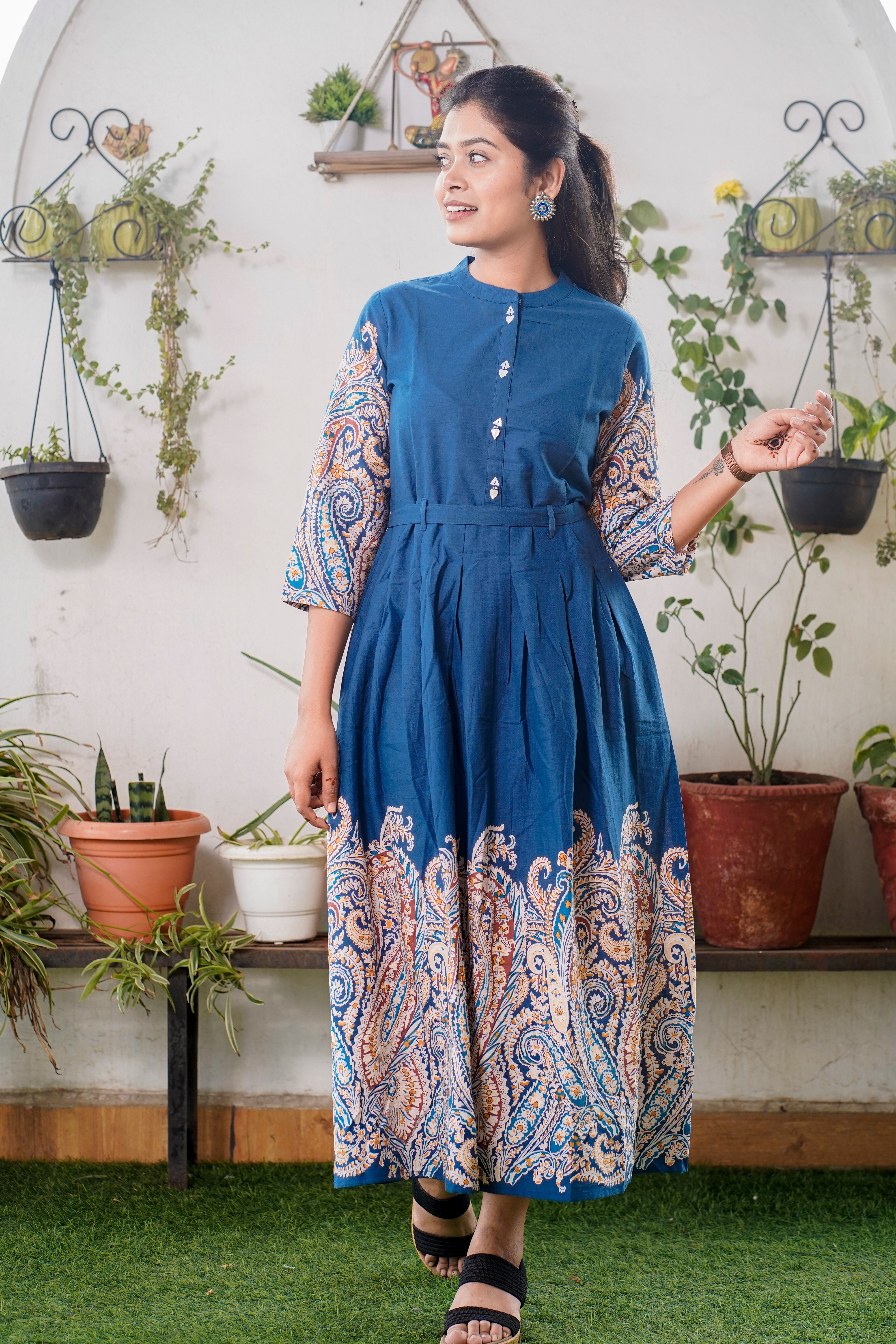 Blue Frock With Katha Print Sleeves