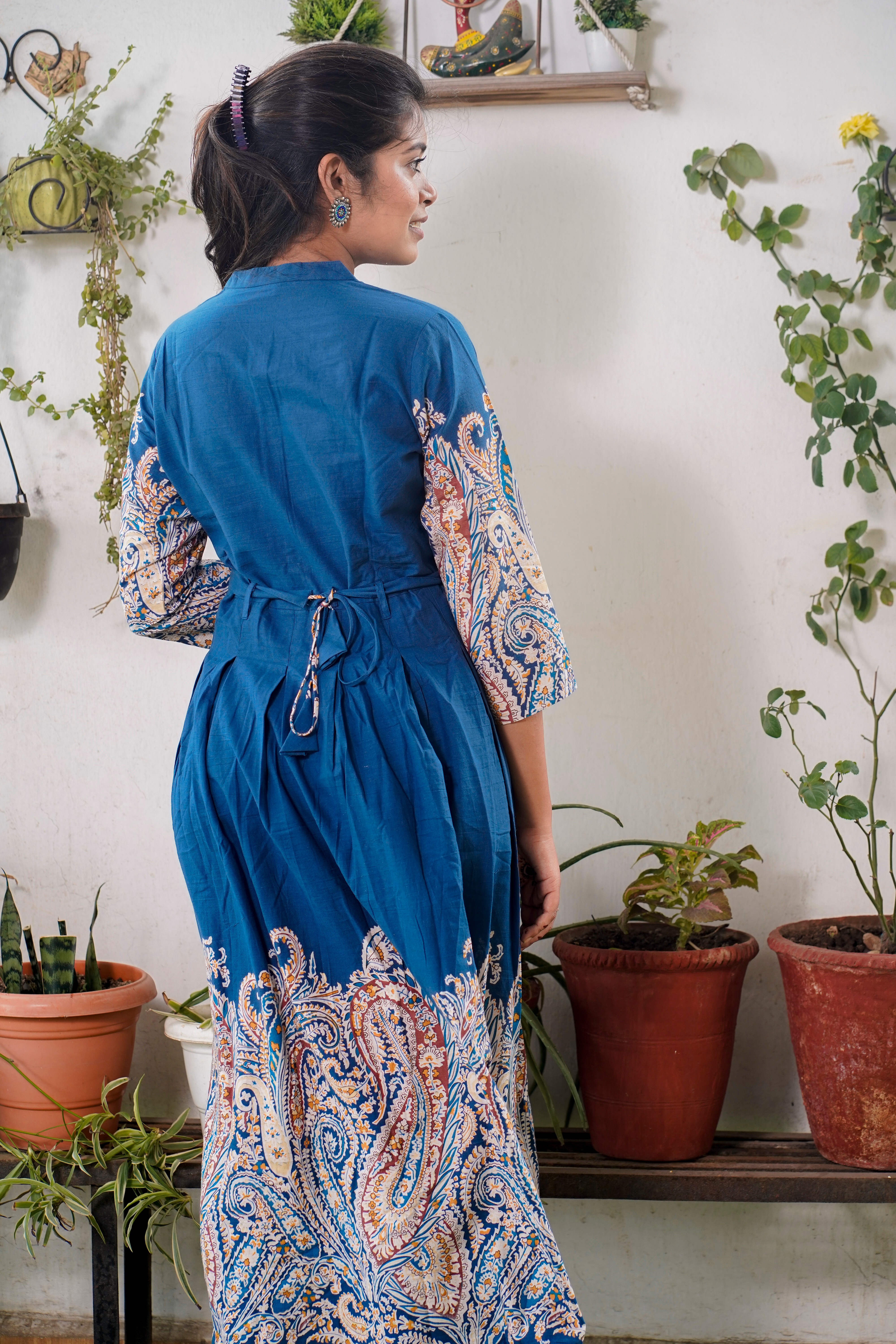 Blue Frock With Katha Print Sleeves