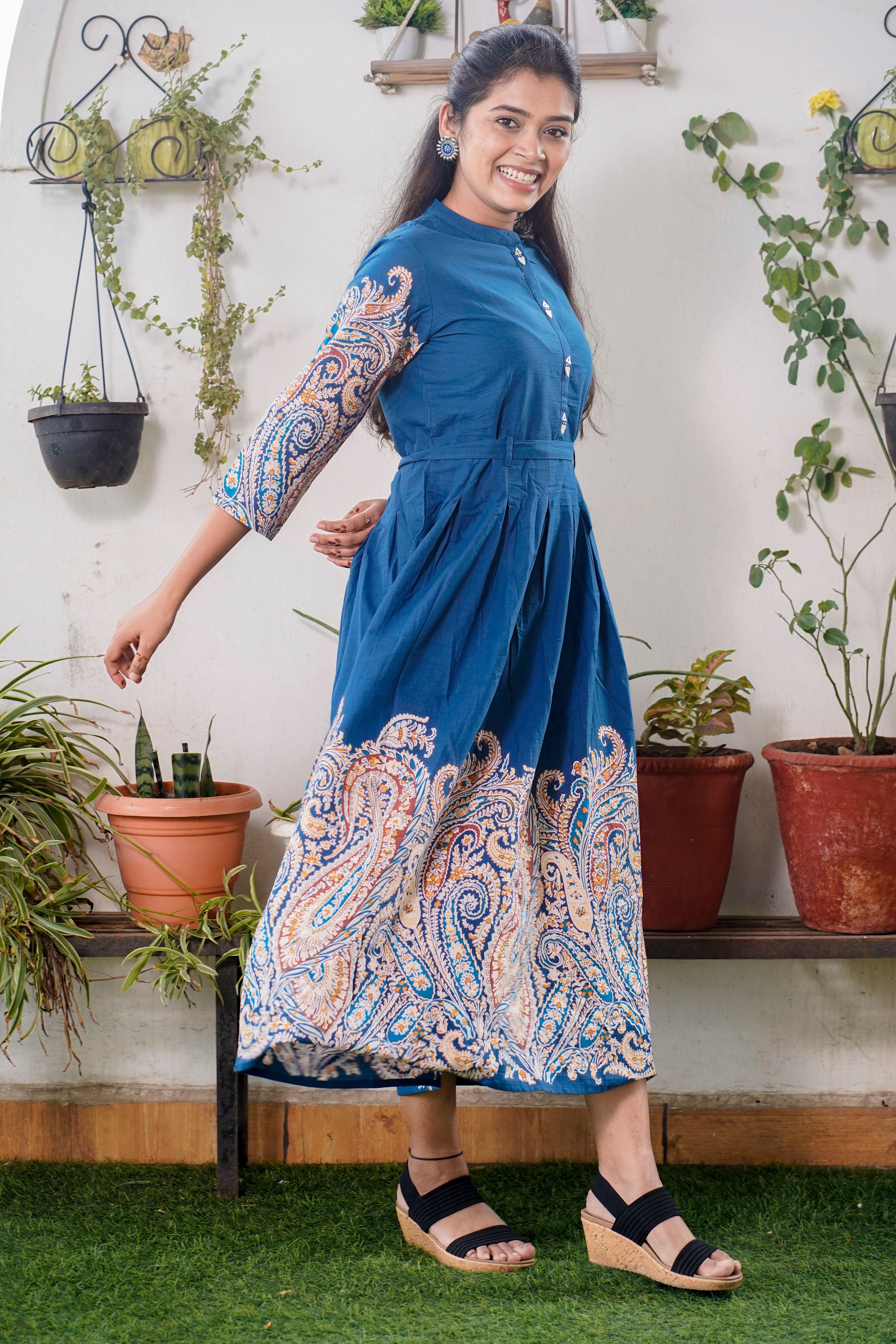 Blue Frock With Katha Print Sleeves