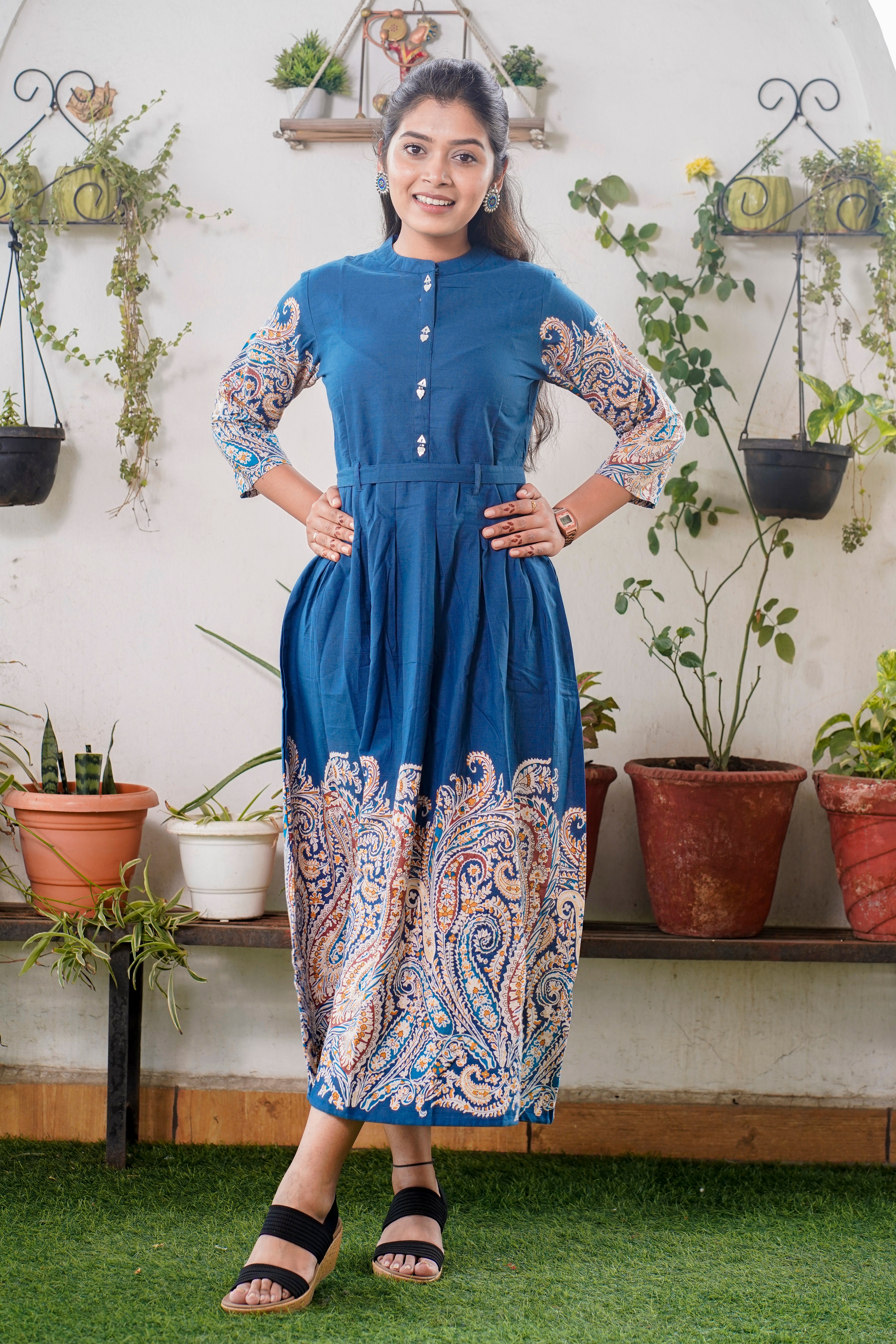 Blue Frock With Katha Print Sleeves
