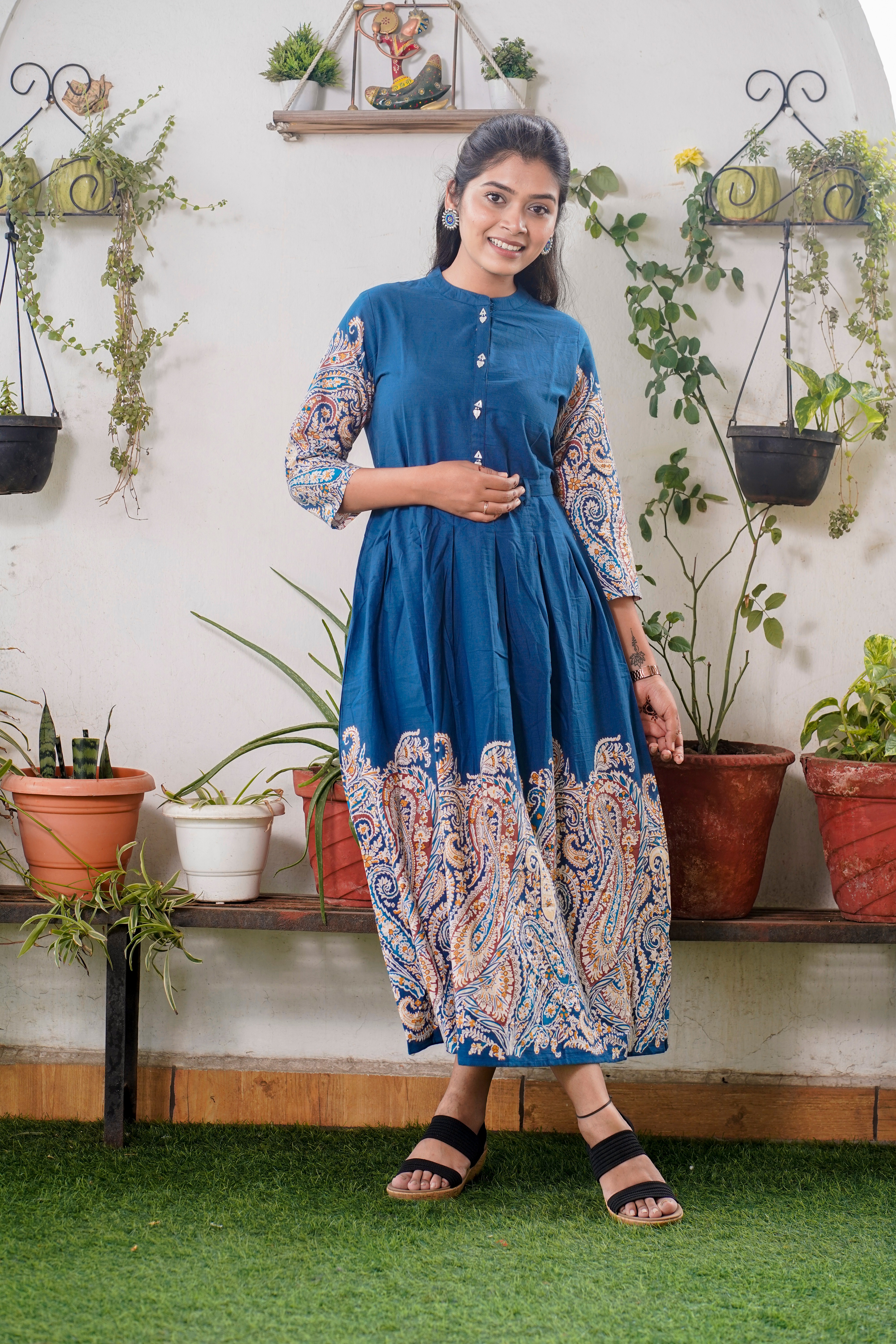 Blue Frock With Katha Print Sleeves