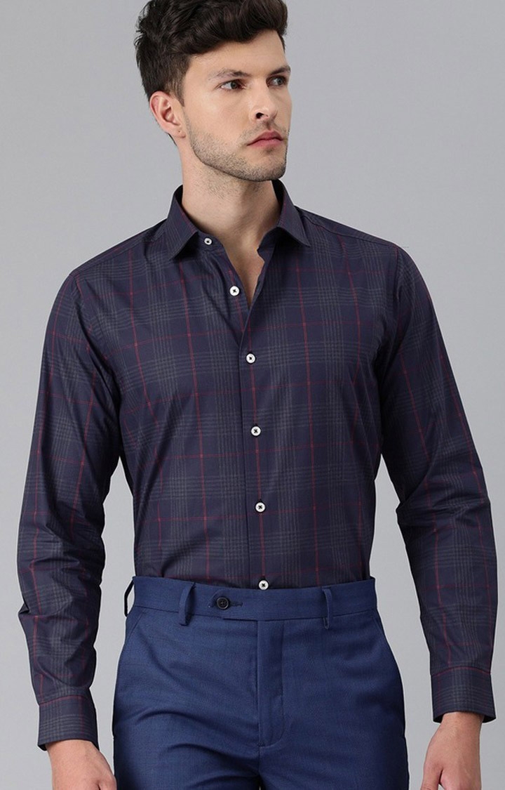 The Bear House | Men's Red and Navy Blue Cotton Checked Formal Shirt 0