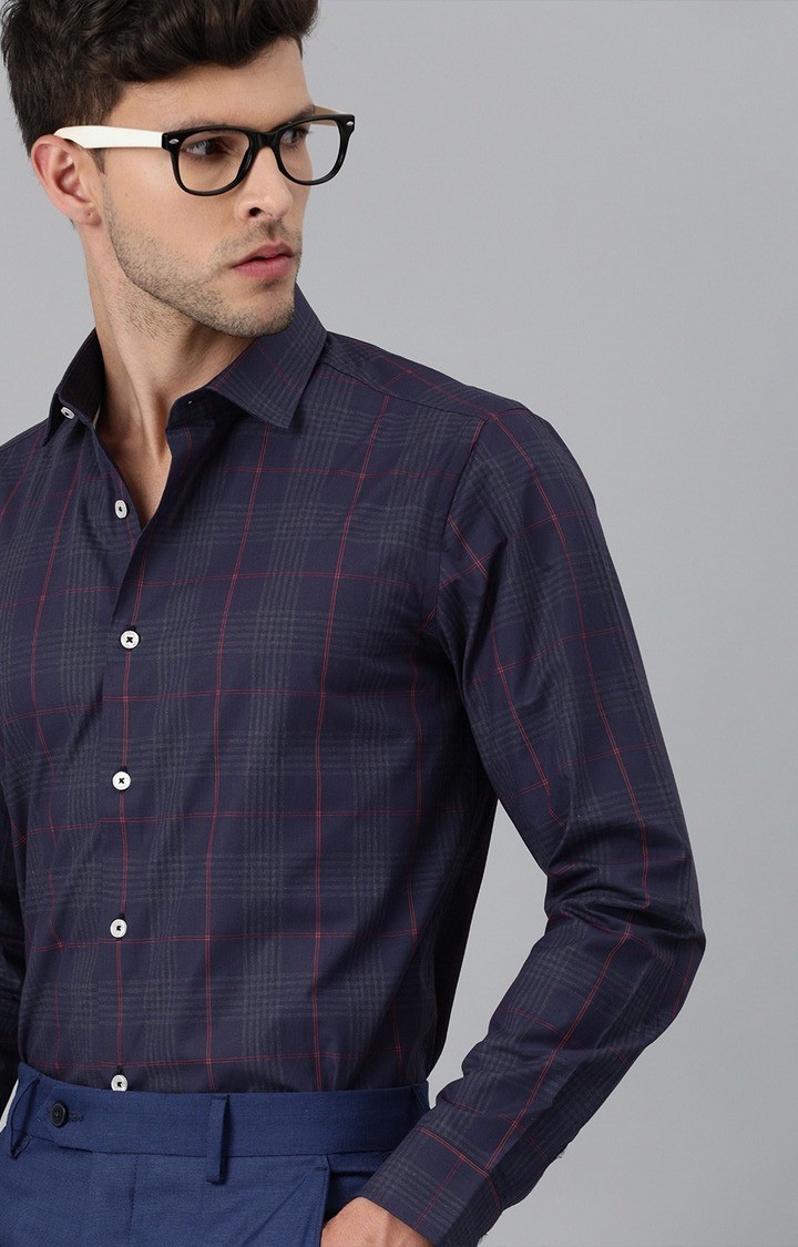 The Bear House | Men's Red and Navy Blue Cotton Checked Formal Shirt 3