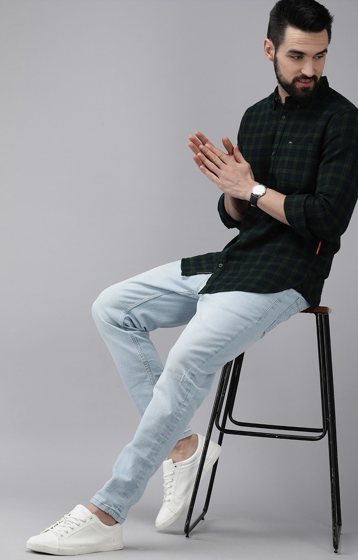 Men's Green Cotton Checked Casual Shirt