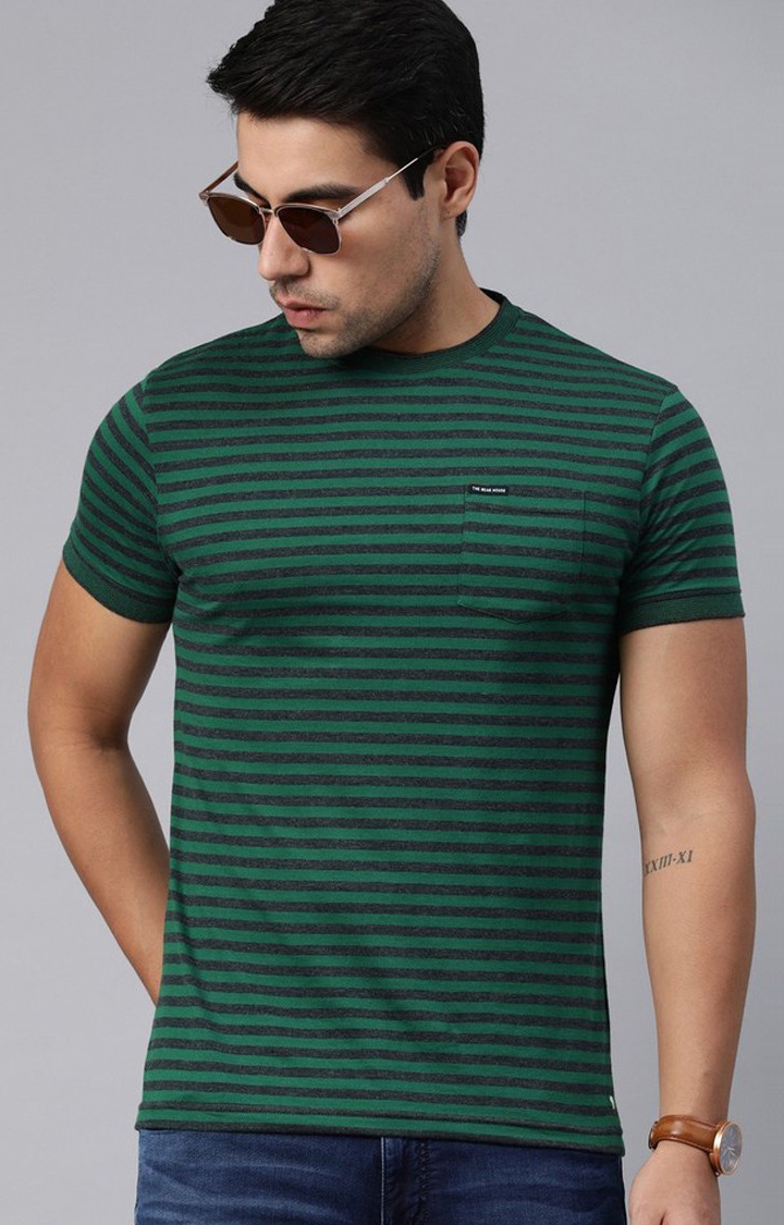 The Bear House | Men's Green Cotton Striped T-shirt 0
