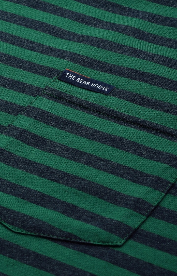 The Bear House | Men's Green Cotton Striped T-shirt 4
