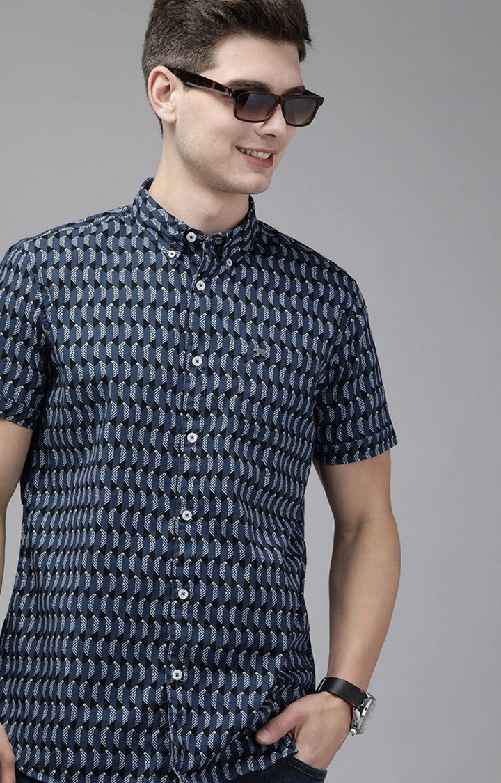 The Bear House | Men's Navy Blue Cotton Printed Casual Shirt 0