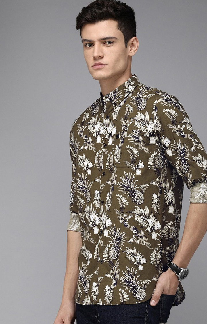 Men's Green Cotton Floral Casual Shirt