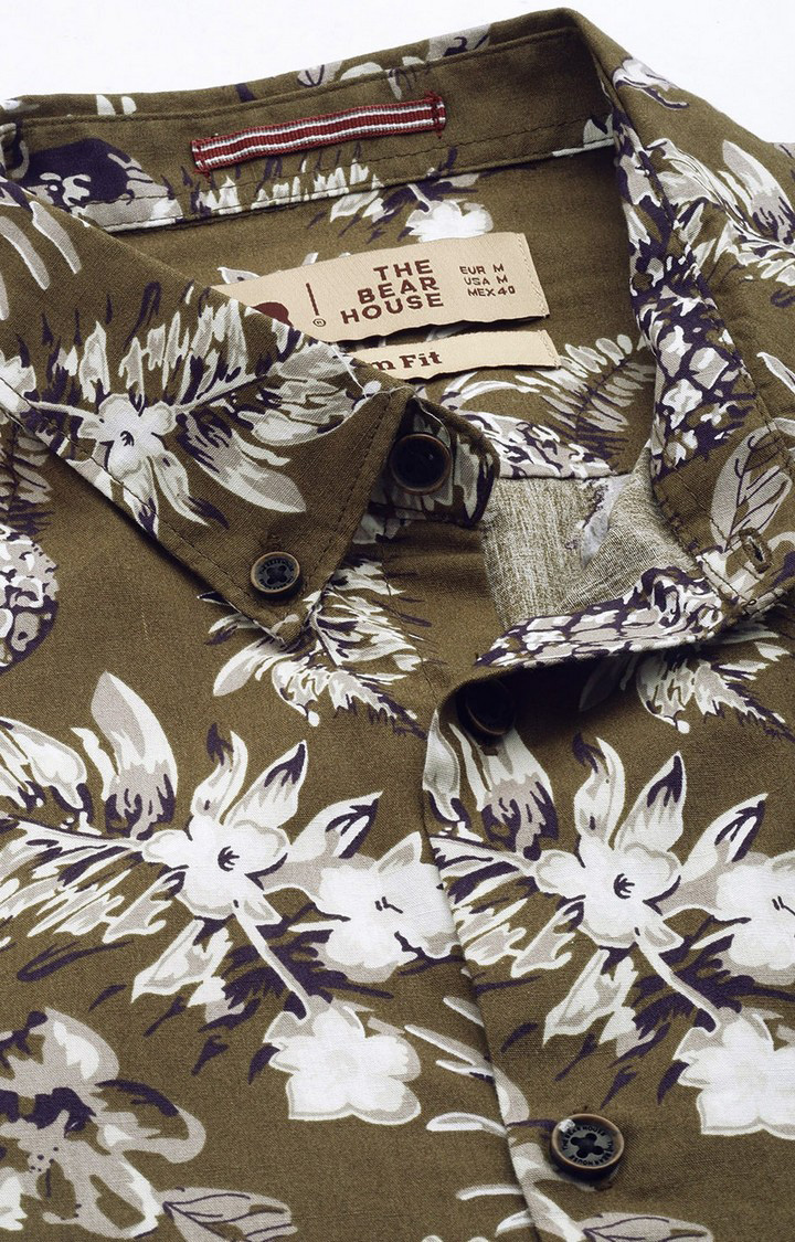Men's Green Cotton Floral Casual Shirt